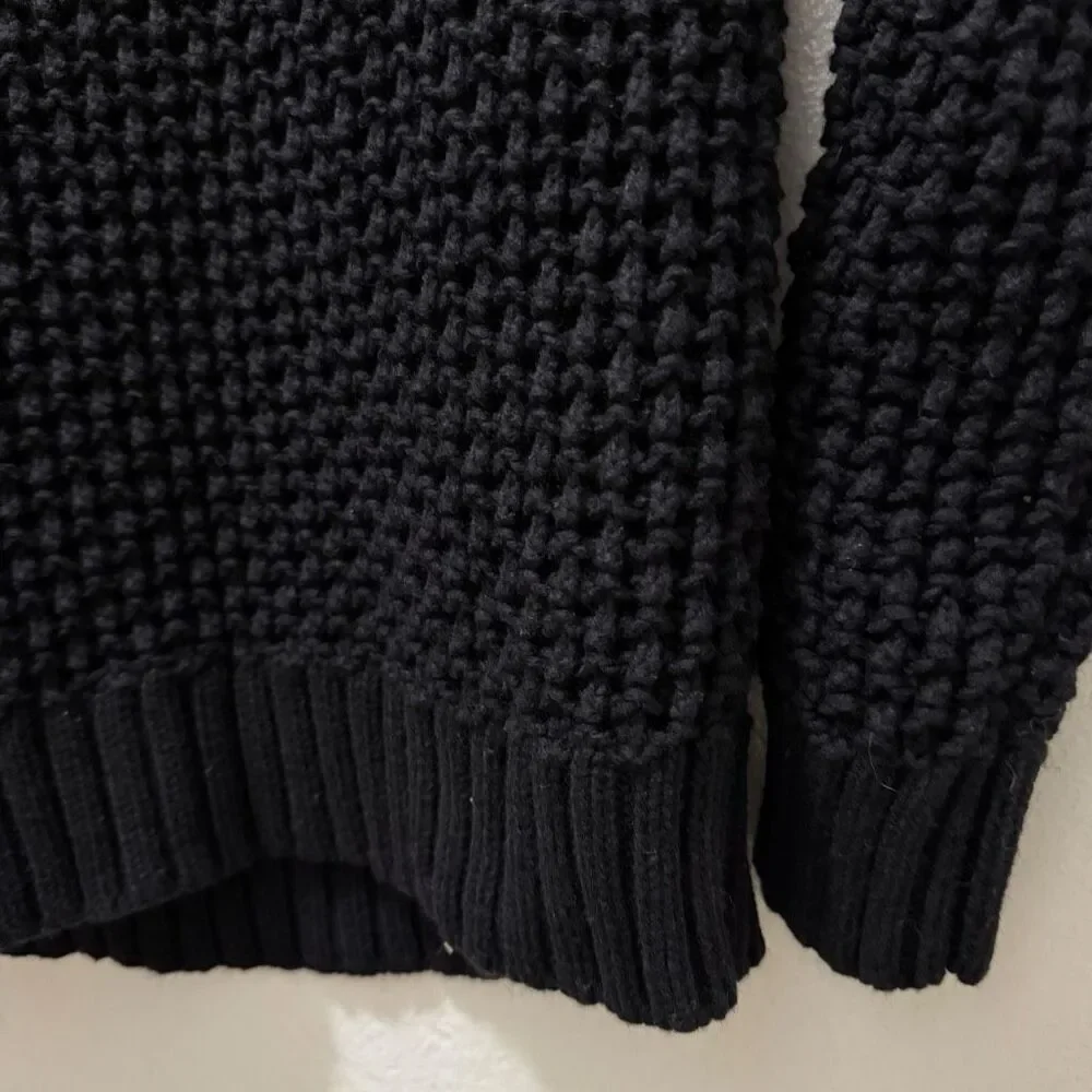 Karl Lagerfeld Black Open Knit Wool Cotton Sweater w/ Leather Sleeve Stripes L
